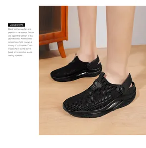 Detail of breathable black mesh outdoor sandals with non-slip thick sole for summer
