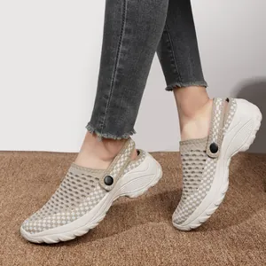 Damen Casual Fly-Knit Mesh Clogs Plateau Sandalen Atmungsaktiv Gewebt Schachbrettmuster Zwei-Wege-Riemen Outdoor Schuhe