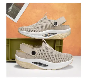 Detail of breathable mesh upper and platform rocker sole with air cushion on beige sandals