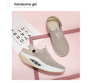 Detail of beige breathable mesh sandals with thick air-cushion sole and rotatable strap
