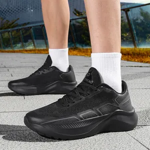 Men's thick sole outdoor running sneakers in breathable black mesh fabric and synthetic leather