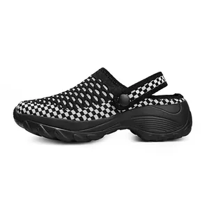 Damen Freizeit-Clogs aus atmungsaktivem Strick mit Karomuster und Plateau-Sohle