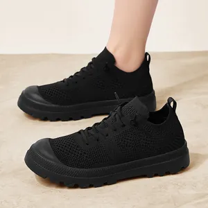 Breathable black mesh hiking shoes for couples with thick anti-slip rubber outsoles