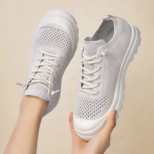 Breathable mesh sneakers with drawstring laces and thick soles for casual summer walking