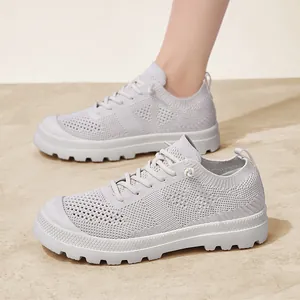 Lightweight grey breathable mesh walking shoes with non-slip thick soles and knit upper