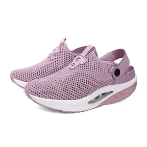 Breathable purple mesh platform sandals for women featuring cushioned soles and swivel strap