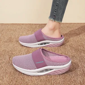 Comfortable purple wedge mule sneakers with breathable mesh upper and air cushion sole