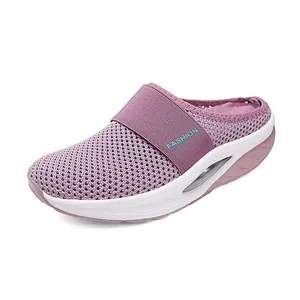 Purple breathable mesh platform mules for women with fashion strap and cushioned sole