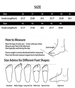 Detailed size chart for breathable walking shoes showing measurements from 36 to 46