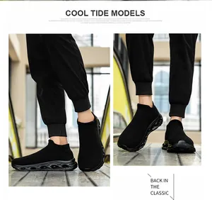 Detailed view of breathable knit upper and hollowed shock-absorbing sole of black sneakers