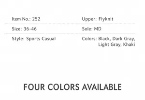 Detailed size chart and material specs for fly-knit athletic shoes with MD soles