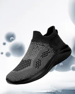 Detail of grey flyknit walking shoes with elastic ribbed cuff and thick sole