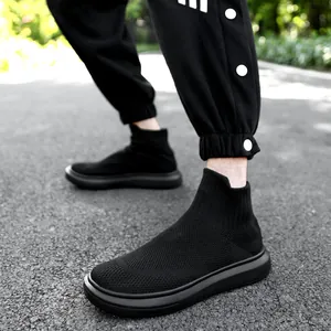Men high-top knit sock sneakers with thick sole and breathable black fabric upper