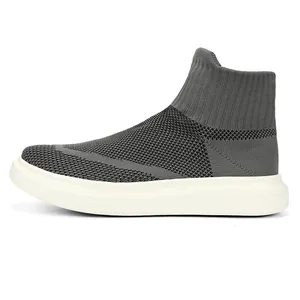 Dark grey knitted high-top sock sneakers for men and women with chunky white sole