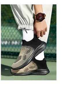 Detail of breathable knit upper and thick EVA sole on casual platform sock sneakers