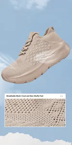Détail du mesh respirant beige et de la semelle légère amortissante pour la marche