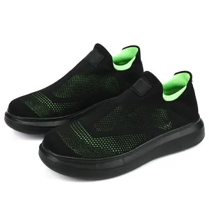 Scarpe da corsa slip-on leggere in maglia nera con accenti verde fluorescente