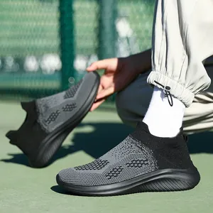 Grey and black knitted platform sock sneakers with breathable geometric pattern