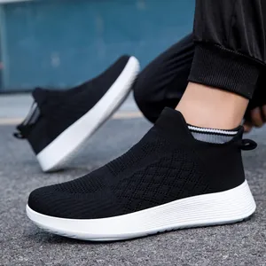 Breathable black fly-knit walking shoes with white cushioned soles and slip-on design