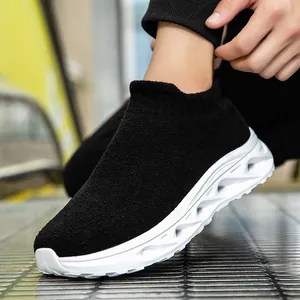 Men's black knitted sock sneakers with stylish white hollowed wavy thick soles
