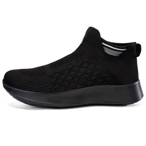 All-black breathable fly-knit slip-on walking shoes with thick textured non-slip soles
