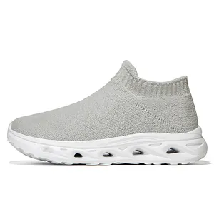 Men's grey fly-knit slip-on sneakers with cushioned hollow white soles and breathable mesh