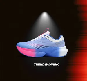 Macro detail of breathable mesh upper and vibrant gradient midsole of the racing shoes