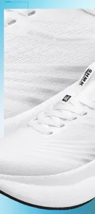 Macro shot showing the breathable mesh texture and sleek weaving on this white running shoe