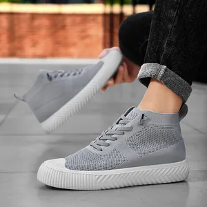 Casual grey knitted high-top sneakers with thick white rubber soles for daily outdoor wear