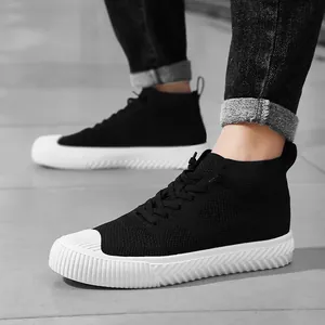 Men's high-top knit casual sneakers with thick rubber soles in classic black and white
