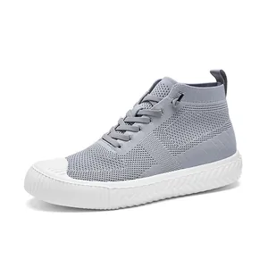 Grey high-top knit sneakers with breathable mesh fabric and white non-slip thick sole