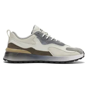 Breathable multi-material chunky sneakers with grey and beige suede panels and mesh
