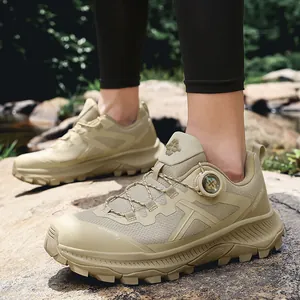 Breathable khaki outdoor hiking shoes for men with quick-dial lacing and deep-grip soles