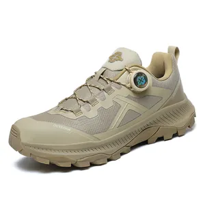 Khaki mesh outdoor hiking shoes for men with a quick rotary lacing system and rubber sole