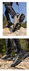 Detail of durable rubber outsole with deep lugs and toe protection on outdoor hiking shoes
