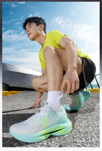 Detailed low angle view of lightweight mint green mesh running shoes with thick soles