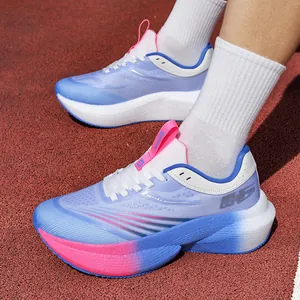Breathable mesh running shoes with gradient foam sole on a red athletic track
