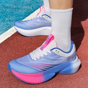 Breathable mesh gradient purple and blue professional running shoes on outdoor track