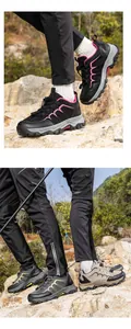 Detail of breathable outdoor hiking shoes showing multi-color options and non-slip rubber soles