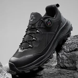 Men's black outdoor hiking shoes with knob lacing system and breathable mesh