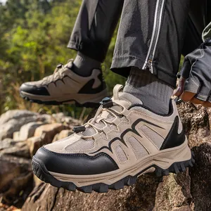 Outdoor hiking shoes with quick lacing and non-slip rubber soles in beige and black