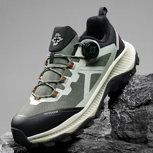 Army green mesh men's hiking shoes with non-slip rubber soles and rotary buckle laces