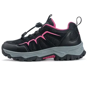 Outdoor hiking shoes in black and pink with breathable mesh and anti-slip rubber soles