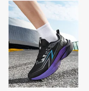 Detailed side view of stylish mesh sneakers with purple platform and blue N logo