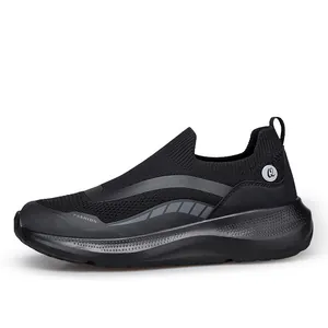 Men's black slip-on breathable mesh sneakers with thick cushioned soles for hiking