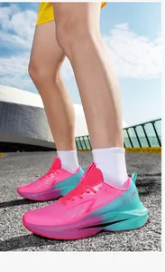 Detail of pink and blue gradient mesh running shoes with thick cushioned soles for sports