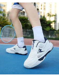 Breathable white badminton shoes with convenient rotary buckle and blue lightning logo