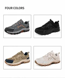 Detailansicht der vier Farben atmungsaktiver Outdoor-Wanderschuhe mit griffiger Gummisohle