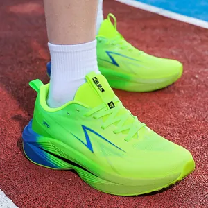 Fluorescent green breathable mesh running shoes with blue lightning design on a track