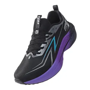 Unisex black mesh running shoes with thick purple cushioned soles and carbon technology